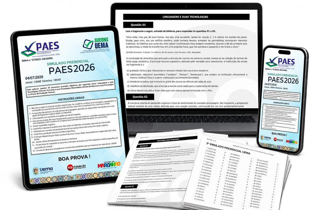 Simulado UEMA em notebook, tablet, celular e folhas