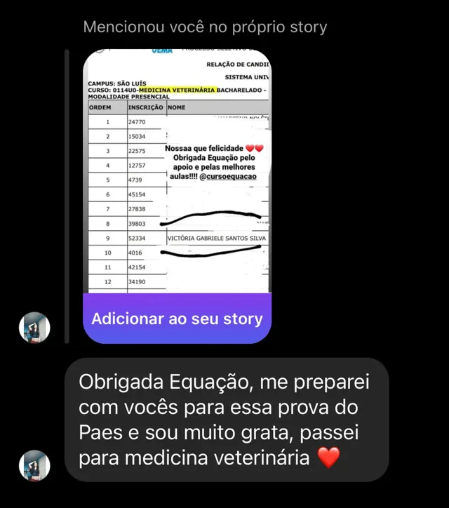 Depoimento de aluno do Curso Equação — 7 de 14
