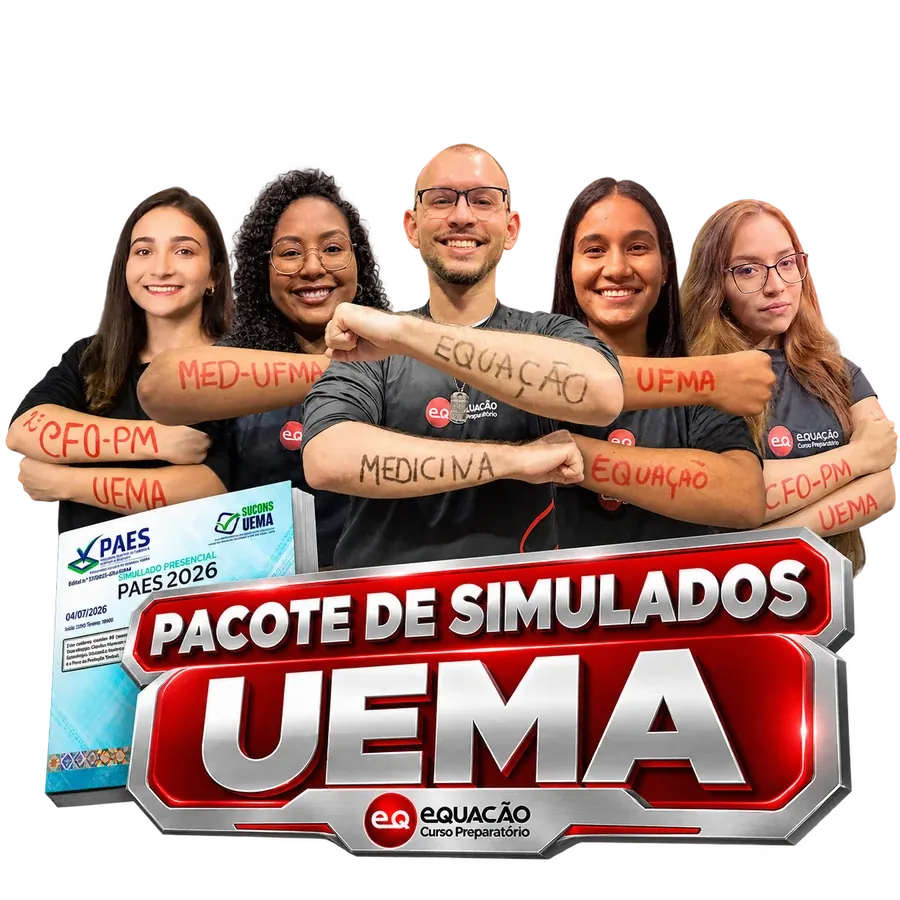Montagem com os cinco alunos aprovados do Curso Equação e o Pacote de Simulados UEMA